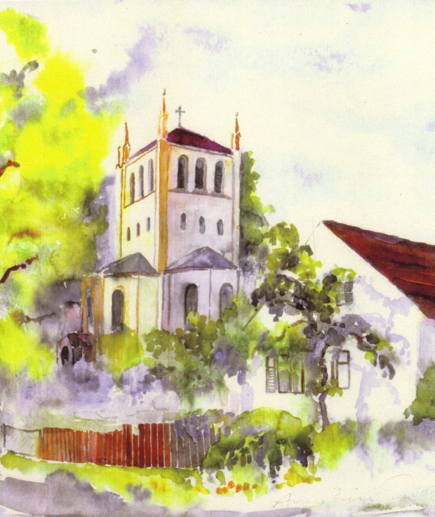 Aquarellgemälde einer englisch aussehenden Kirche, umgeben von Bäumen.