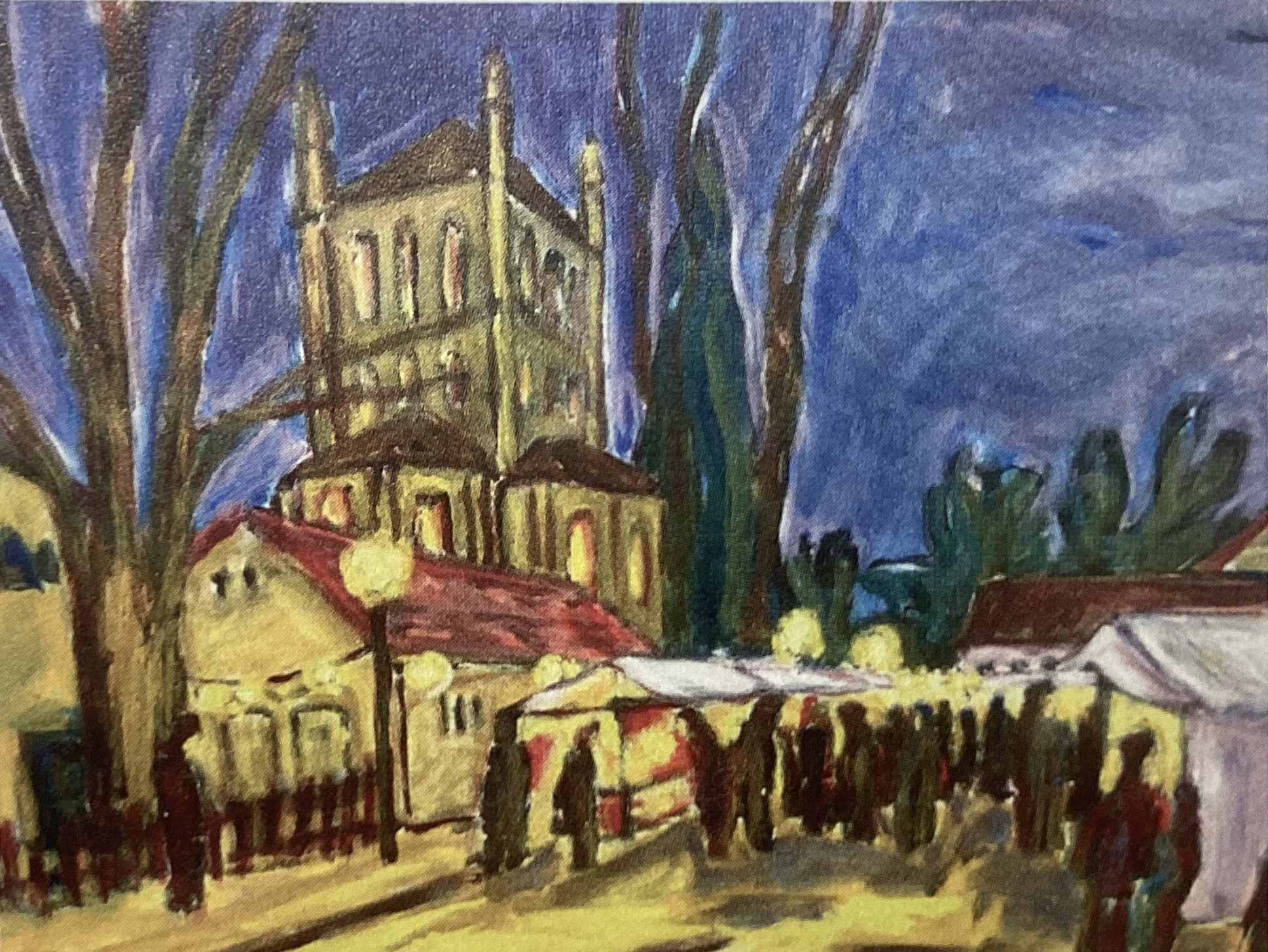 IMG_0057 Ein Gemälde zeigt eine Kirche mit Marktständen und Menschen davor. Es ist Abend und es leuchtet weihnachtlich.